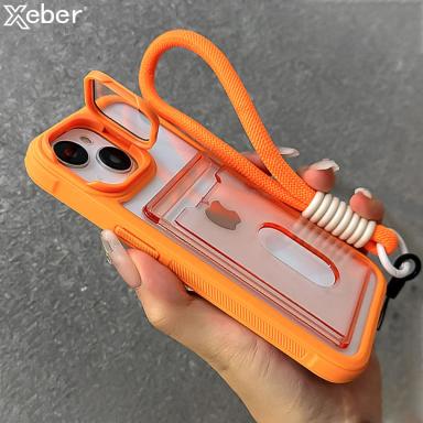 Wrist Strap with Camera Stand Card Holder Shockproof Phone Case For iPhone 17 15 11 12 13 14 16 Pro Max Plus Transparent Cover