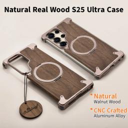 Oatsbasf Wood Phone Case for Samsung Galaxy S25 S24 Ultra with 360° Rotatable Stand Wireless Charging Wooden Protective Cover