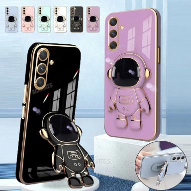 A 16 26 36 56 Astronaut Holder Luxury Plating Case For Samsung Galaxy A16 A26 A36 A56 S24 Fe S25 Plus Ultra Silicone Stand Cover