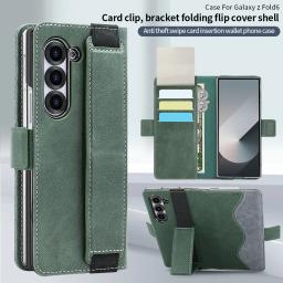 PU Leather Flip Wallet Phone Case for Galaxy Z Fold 7/6/5 with RFID Blocking Feature And Adjustable Wristband Kickstand Holder