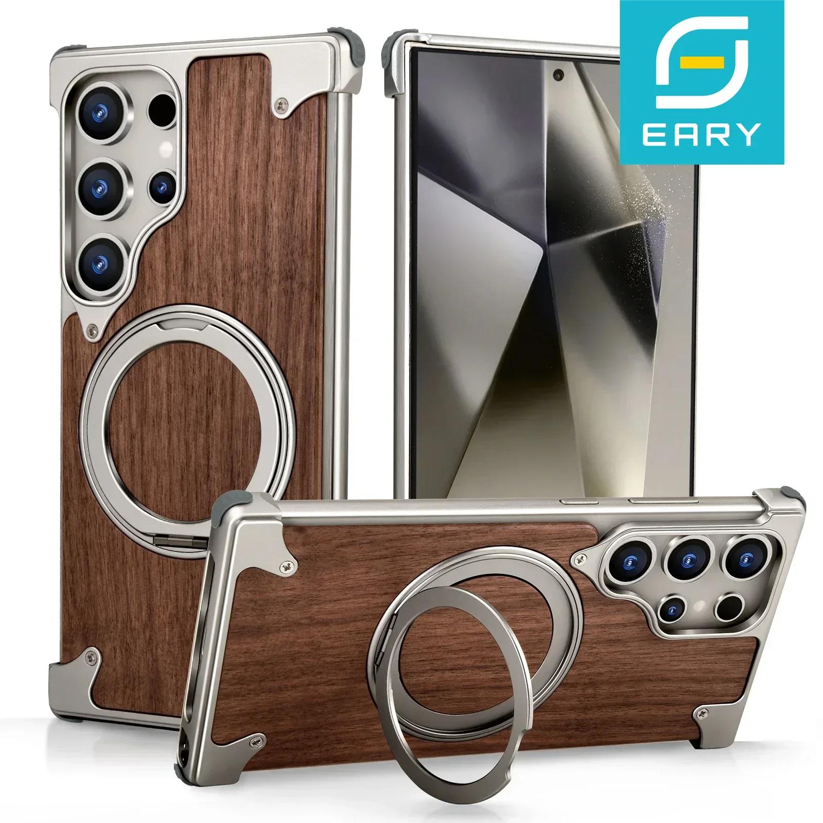 Eary Solid Wood Phone Case for Samsung Galaxy S25 S24 Ultra for Magsafe 360° Rotation Kickstand Frameless Protective Shells