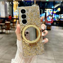 Z Fold6 Fashion Glitter Mirror Magsafe Bracket Case for Samsung Galaxy Zfold6 Fold 5 6 4 Plating Bling Diamond Magnetic Cover