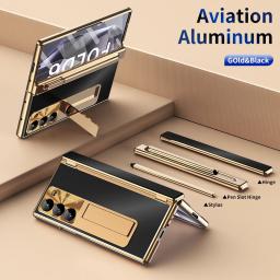 Metal Aluminum Alloy Case For Samsung Galaxy Z Fold 7 6 5 4 With Touch Pen Leather Full Protector Glass Film Stand Folding Cover