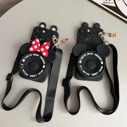 For iPhone 17pro max16 15 14 13 12 11 XR Xs 8 7 6 Pro Max mini Plus17Air Minnie Mickey with Pendant Wallet Lanyard Phone Case