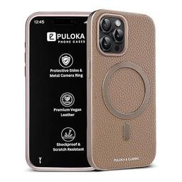PULOKA Magfit Mobile Back Cover - Compatible with iPhone 15 PRO - Mag-Safe Design - Textured Vegan Leather - Electroplated Sides Bumper Case - Camera Protetection & Raised Edges - Apricot