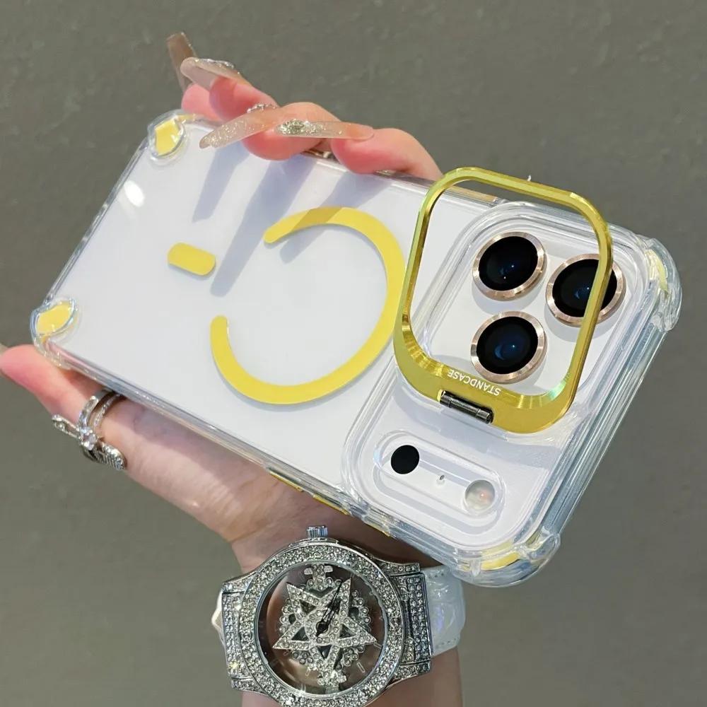 Luxury Metal Stand Glass Lens Protector Transparent Magsafe Case For iPhone 17 Air 16 15 14 Plus 13 12 17 Pro Max Magnetic Cover