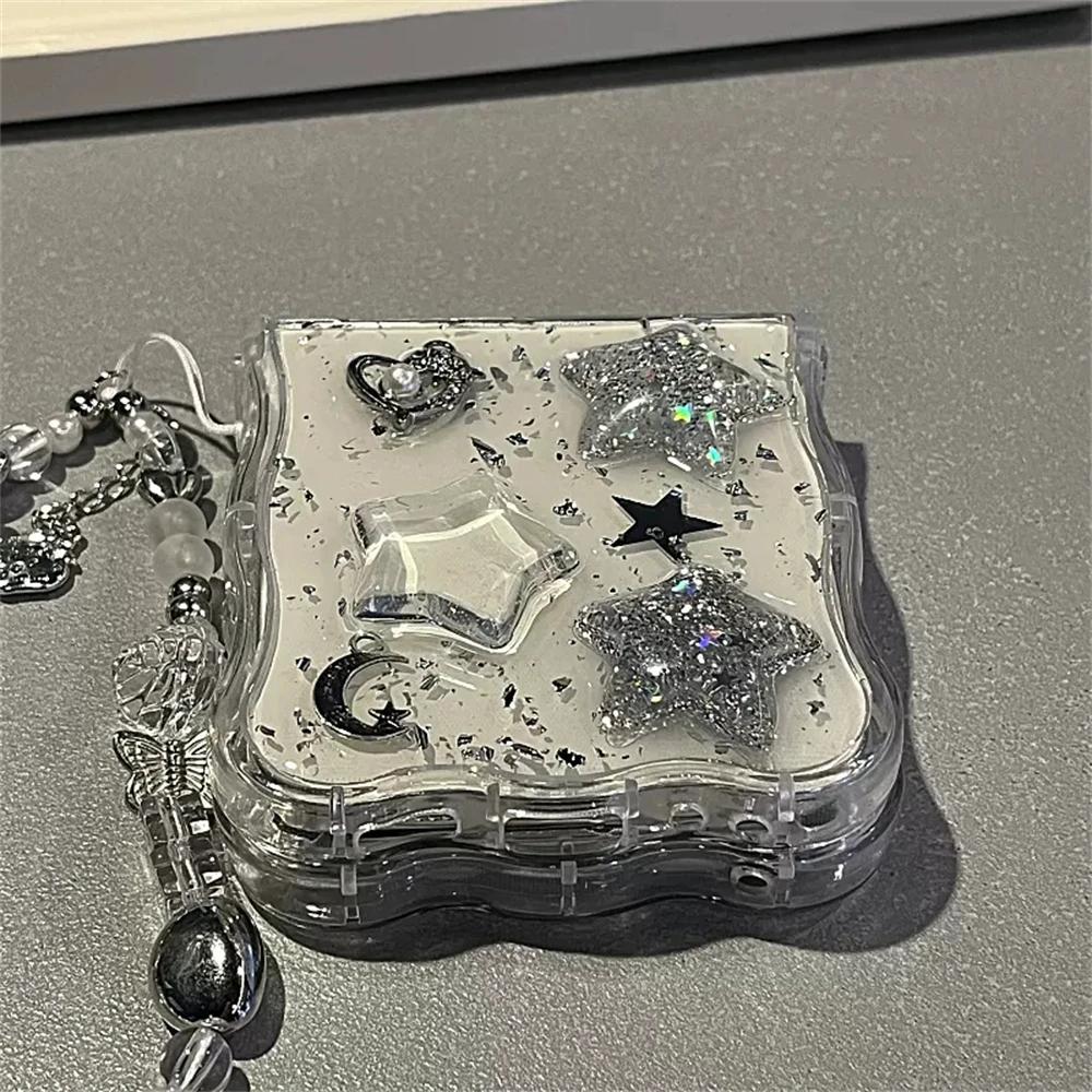 Korean 3D Glitter Star Clear Phone Case For Samsung Galaxy Flip 7/6 Flip5 Flip4 Flip3 Epoxy Cover Wavy Border Protective Cover