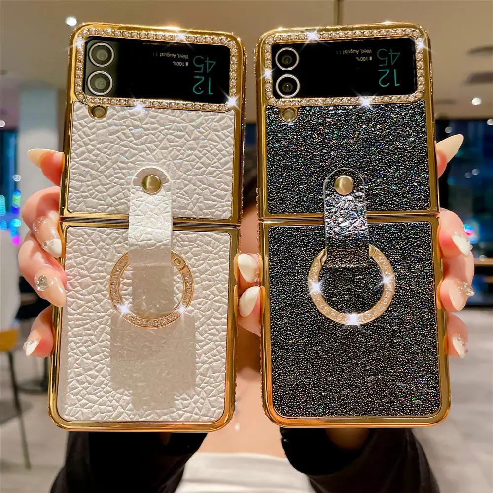 Ring Holder PU Leather Plating Case For Samsung Galaxy Z Flip 7 6 Flip 5 Flip 4 Zflip 3 Bling Diamond Shockproof Cover