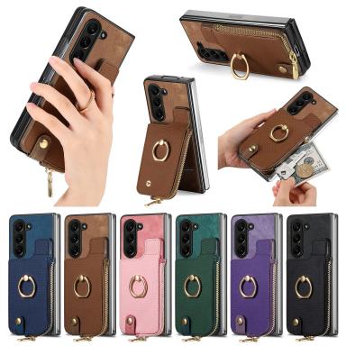 Zipper Vertical Cards Solt Leather Wallet For Z Fold 5 5g Fold5 Zfold5 Bag Ring Holder Purse Pocket Cover Funda