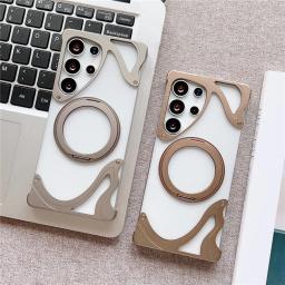 Aluminum Metal Frameless Shockproof Magnetic Phone Case For Samsung Galaxy S25 S24 S23 Ultra 360 Bracket Transparent PC Case