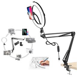Brolaviya Overhead Video Mobile Stand With 10Inch Ring Light, Metal Arm,1/4" Male Adaptor For Camera,Gopro,Mobile Bracket For Video,Desktop,Bedroom, Office