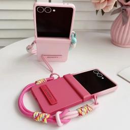 Gradient Candy Color Bracket Wrist Strap Phone Case For Samsung Galaxy Z Flip 7 FE 6 5 4 3 Hinge Protection Matte Hard Cover
