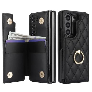 Fold7 Diamond Grid Pu Leather Phone Case for Samsung Galaxy Z Fold 7 6 5 4 3 Ring+bracket+Double Buckle Card Holder Wallet Cover