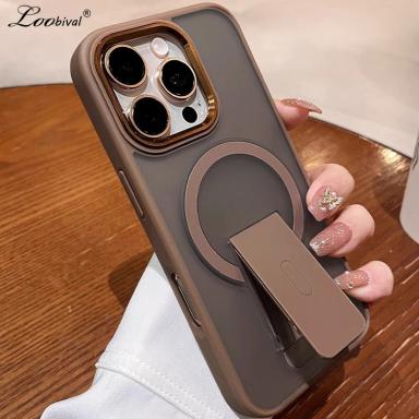 for Magsafe Bracket Matte Translucent Case for iPhone 16 15 14 Pro Max Plus 13 12 11 Folding Stand Metal Camera Shockproof Cover