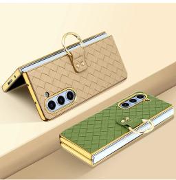 PU Leather with Glass Front Film Shockproof Woven Pattern Phone Case for Samsung Galaxy Z Fold 6 5 4 3 with Finger Ring Bracket