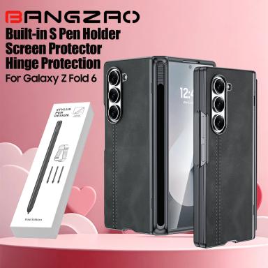 For Z Fold 6 Phone Case with S Pen Holder, Hinge Protector and Screen Protector PU Leather Matte PC Valentine's Day Gift
