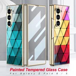 Luxury Plating Screen Glass Case For Samsung Galaxy Z Fold 6 5 Case Back Painted Pattern Glass Plastic Cover For Galaxy Z Fold 6