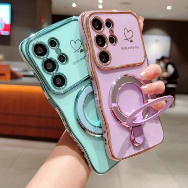 Wave Plating Side Love Heart Phone Case For Samsung Galaxy S25 Ultra S24 S23 S22 A16 A55 Protect Lens Shockproof Back Cover