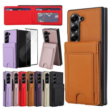 Screen Film + Leather Case For Samsung Galaxy Z Fold7 Fold6 Fold5 Fold4 Fold3 Wallet Case Glass Screen Protector Cards Holder