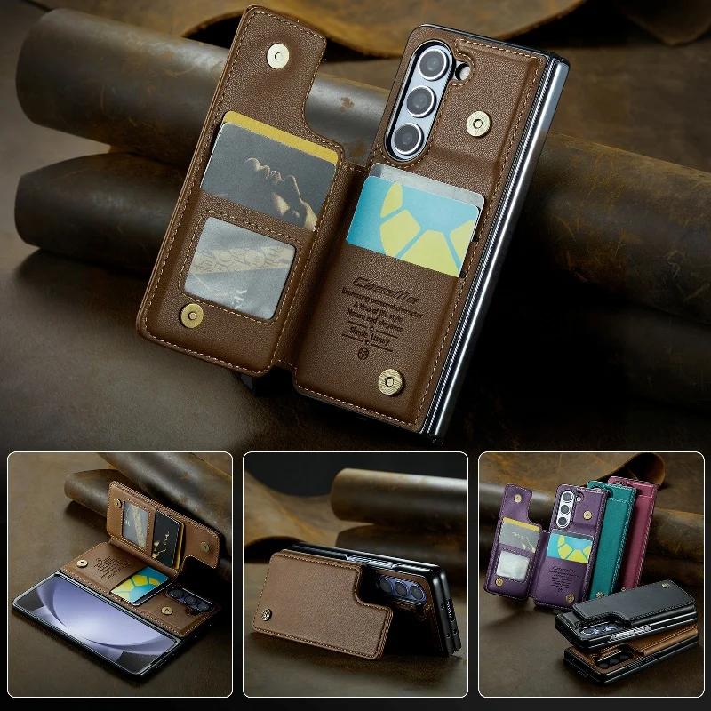 Solid Color Leather Phone Case For Samsung Galaxy Z Fold 5 Z Fold4 Z Fold 3 Magnetic Flip Case Wallet Card Phone Cover