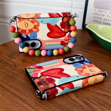 Luxury Oil Painting Sun Phone Case For Samsung Galaxy Z Fold 8 ZFold8 Side Buckle Protection Cover With Colorful Beads Chain