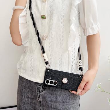 Korean Luxury Camellia Japonica Phone Case With Cross Rope For Samsung Galaxy ZFold 7 Z Fold7 5 6 Z Fold 4 3 Hard Back Cover