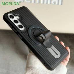 Adjustable Ring Holder Leather Magnetic Case For Samsung Galaxy S26 S25 S24 Ultra Plus S26+ Creativity Corrugated Stripe Cover