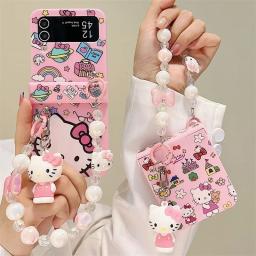 Cute Cartoon Sanrio Hello Kitty Phone Case For Samsung Galaxy Z Flip 7 6 5 Candy Colorful Hard Cover For Z Flip 3 4 With Lanyard
