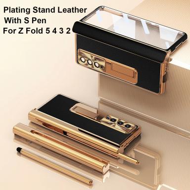 With Touch Pen For Samsung Galaxy Z Fold 6 5 4 3 2 7 Case Hinge Leather Plating Magnetic Kickstand Full Screen Protector Cover