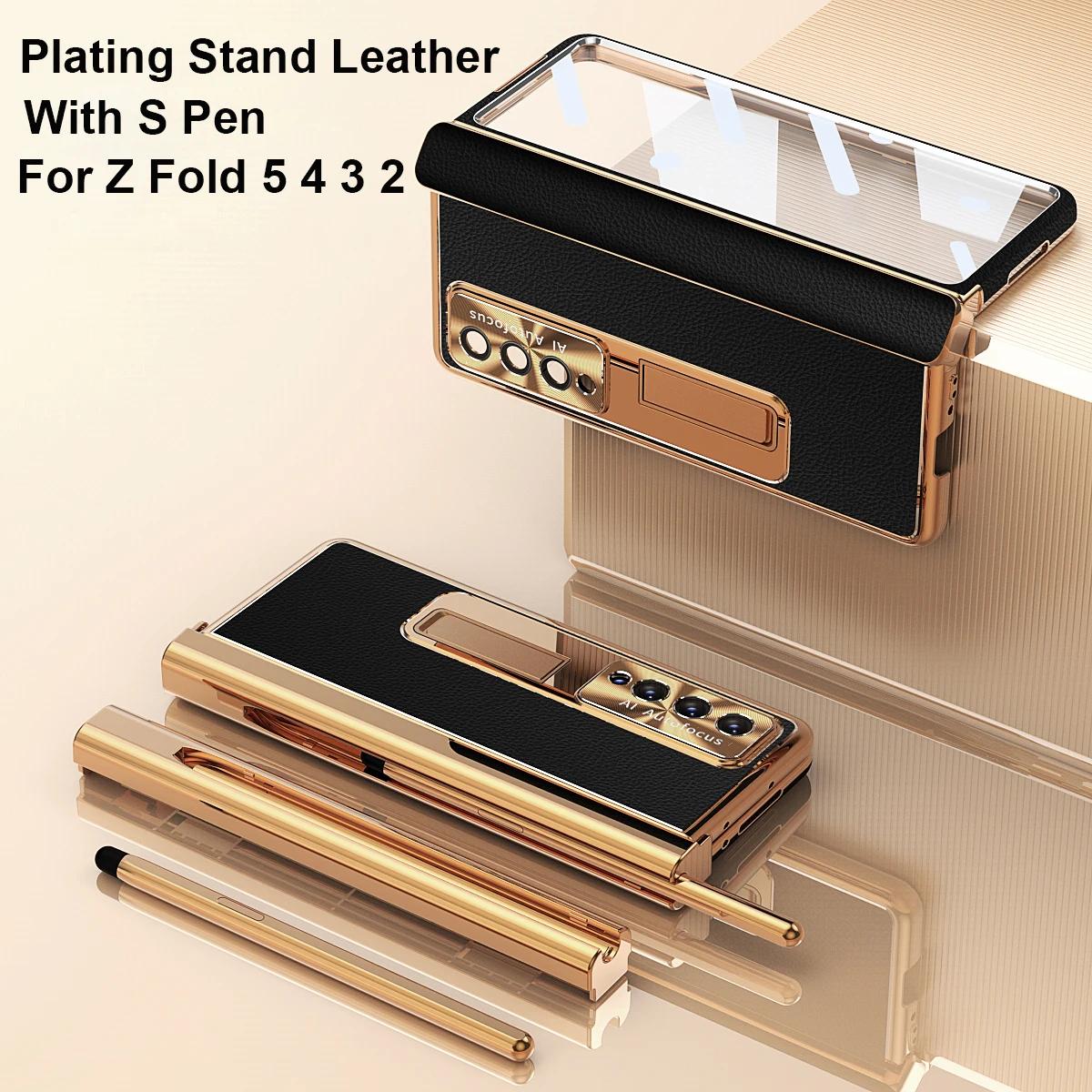 With Touch Pen For Samsung Galaxy Z Fold 6 5 4 3 2 7 Case Hinge Leather Plating Magnetic Kickstand Full Screen Protector Cover