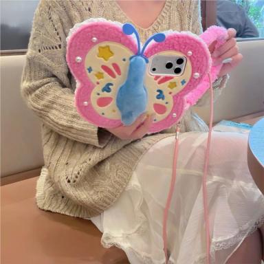 Plush Butterfly Cute Cartoon Phone Case For iPhone 17 ProMAX 16 15 14 Pro Max fluffy With a handle Dopamine shockproof Cover