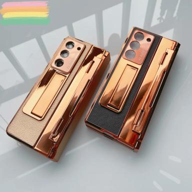 For Samsung Galaxy Z Fold 7 6 5 4 3 5G Case Plating Leather Stand Fold 7 Flat Hinge Cover With Front Glass Film Protective Case