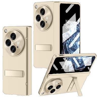 for OnePlus Open Case with Hinge Protection, All-Inclusive Phone Case with Kickstand, Screen Protector, Camera Protector Slim Hard PC Bumper Protective Cover for OnePlus Open Gold