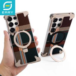 Eary Phone Case for Samsung Galaxy S25 Ultra with Stand Magsafe Carbon Fiber Textured Cover Metal Frameless Shockproof Protector