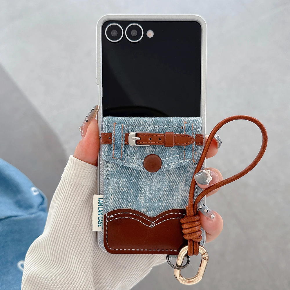 Denim Cardholder Phone Case for Samsung Galaxy Z Flip 7 Flip 5 Flip 6 3 4 Wrist Chain Shockproof Back Cover