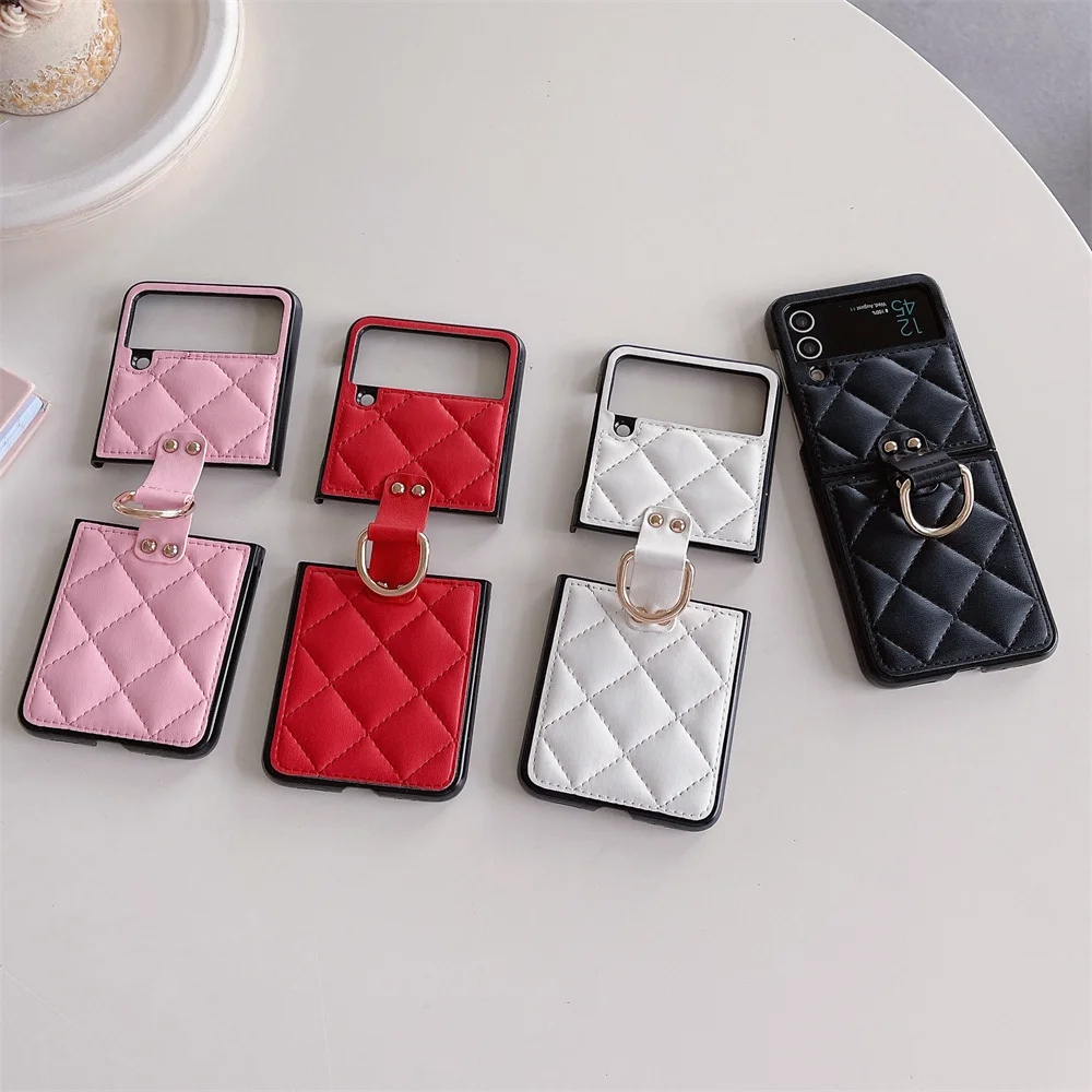 Luxury CC Diamond Checked Cute Finger Rings Hinge Leather Phone Case For Samsung Galaxy Z Flip3 Flip4