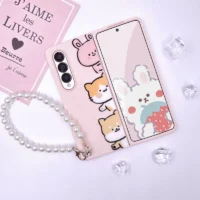Funda Case for Samsung Galaxy Z Fold4 Z Fold3 Three Animal Patch Pearl Bracelet Shockproof Protetcion Mobile Phone Case Cover 1
