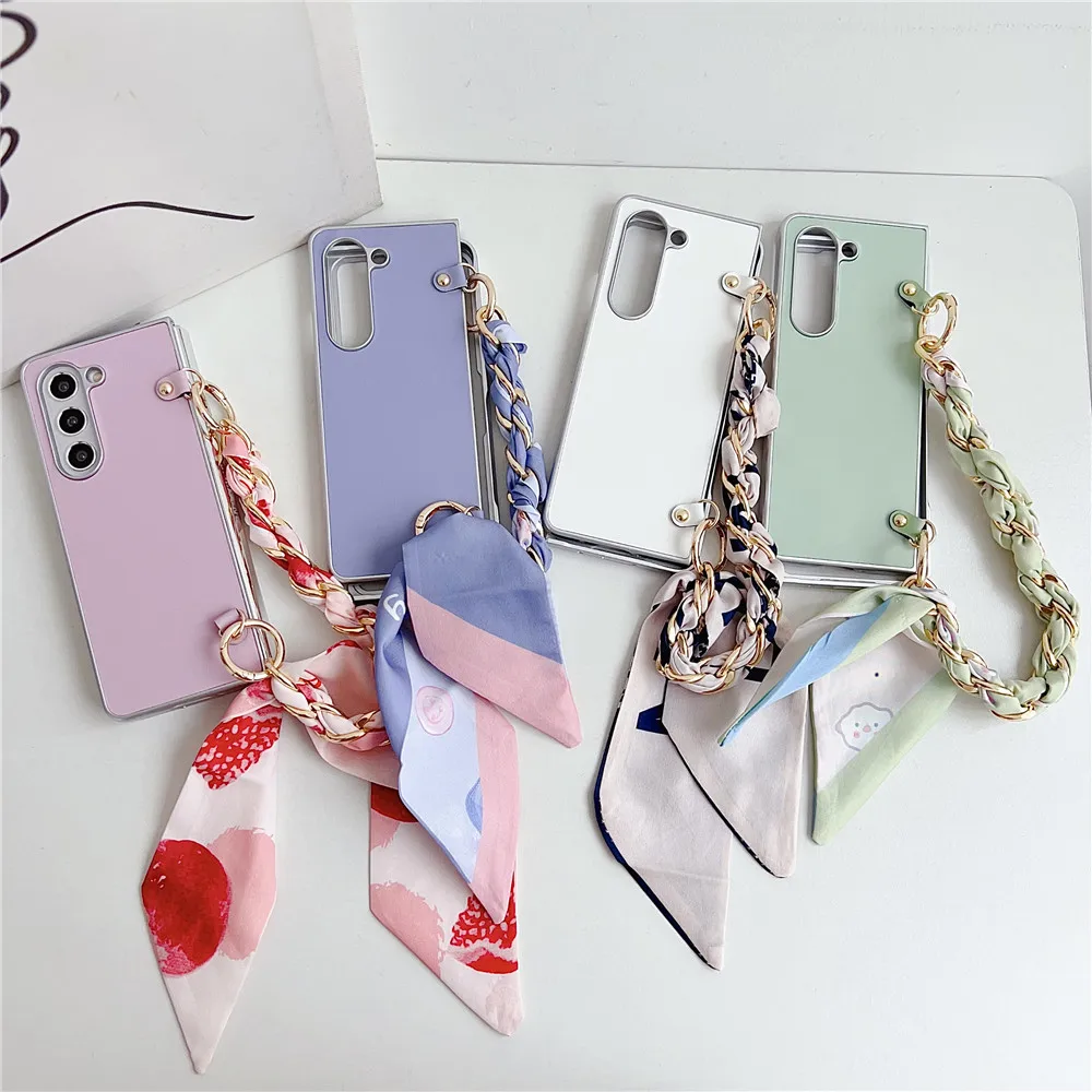 Fashion Electroplated Candy Color Scarf Short Chain Leather Case For Samsung Galaxy Z Fold4 Case For Galaxy Z Fold5 Cover Fold3 Featured