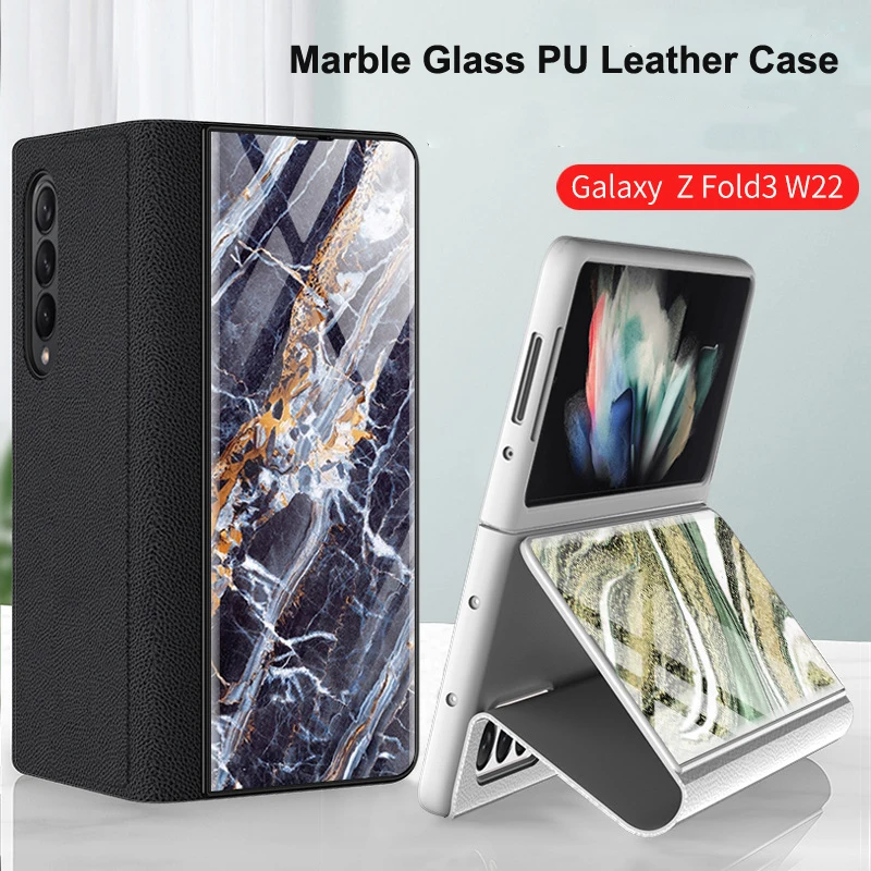 For Samsung Galaxy Z Fold 4 3 5g Case Luxury Marble Glass Leather Flip Cover For Galaxy Z Flold3 Full Protect Kickstand Funda Featured
