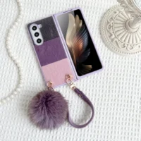 For Samsung Galaxy Z Fold 5 4 3 Case Skin Friendly Color Splicing Soft Edge Plush Ball Wrist Strap Folding Shockproof Hard Cover 1