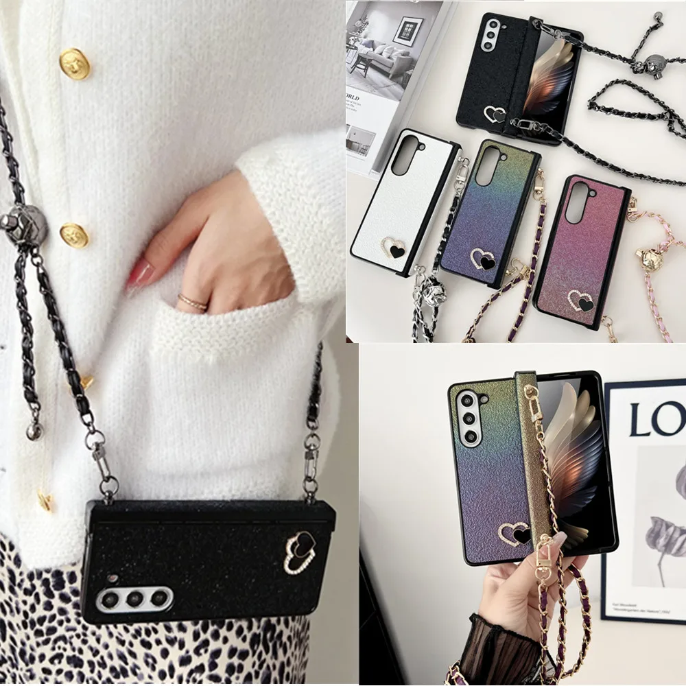 Korean Fashion Glitter Long Strap Hinge Case For Samsung Galaxy Z Fold5 Case For Galaxy Z Fold4 Cover Z Fold3 Capa Z Fold 5 Case Featured