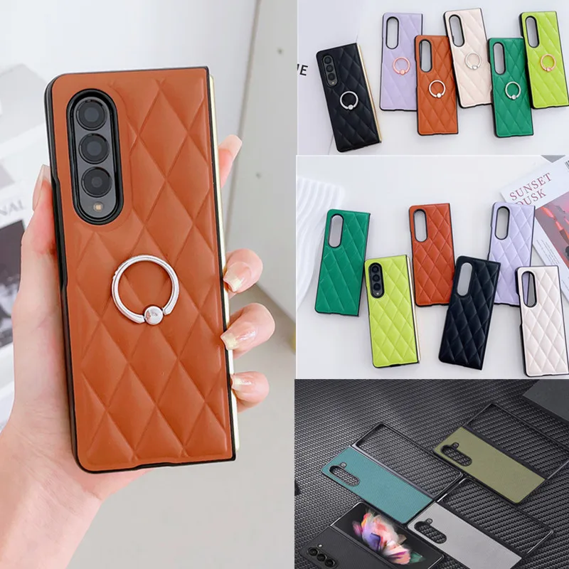 Korean Rhombic Ring Holder Stand Leather Case For Samsung Galaxy Z Fold 5 Case For Galaxy Z Fold 4 Cover Z Fold3 Capa Z Fold5 Featured