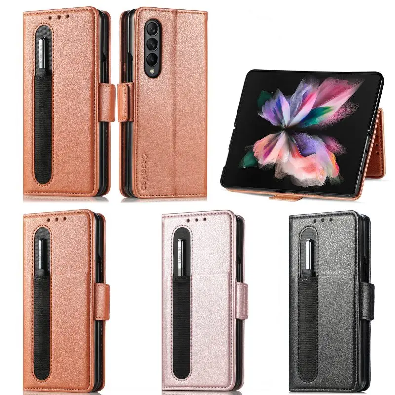Leather Folding Wallet Phone Case For Samsung Z Fold 5 4 3 Phone Cover Magnetic Flip Phone Cover With Pen Holderexclude Pen Featured