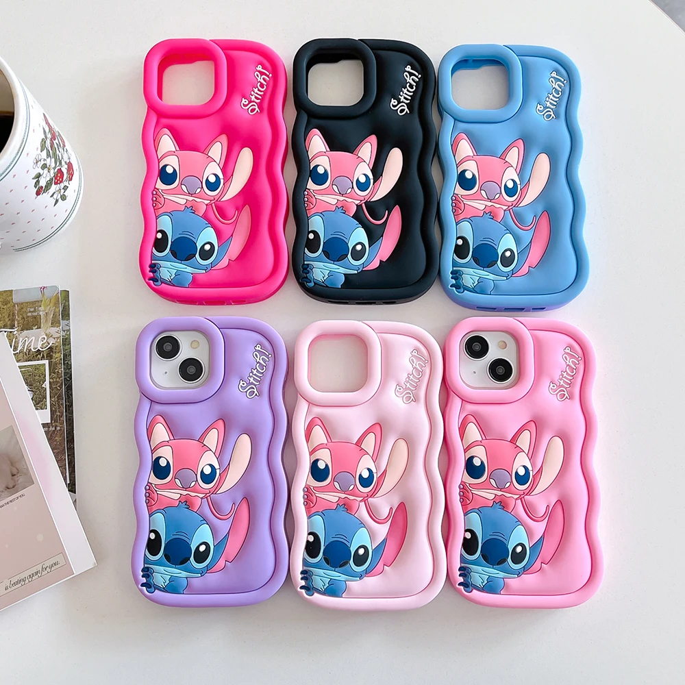 Candy Couple Stitch Look Case For Iphone X Xs Xr 11 12 13 Pro 14 Plus 15 Pro Max 16 3d Cartoon Silicon Wave Side Soft Phone Case Featured