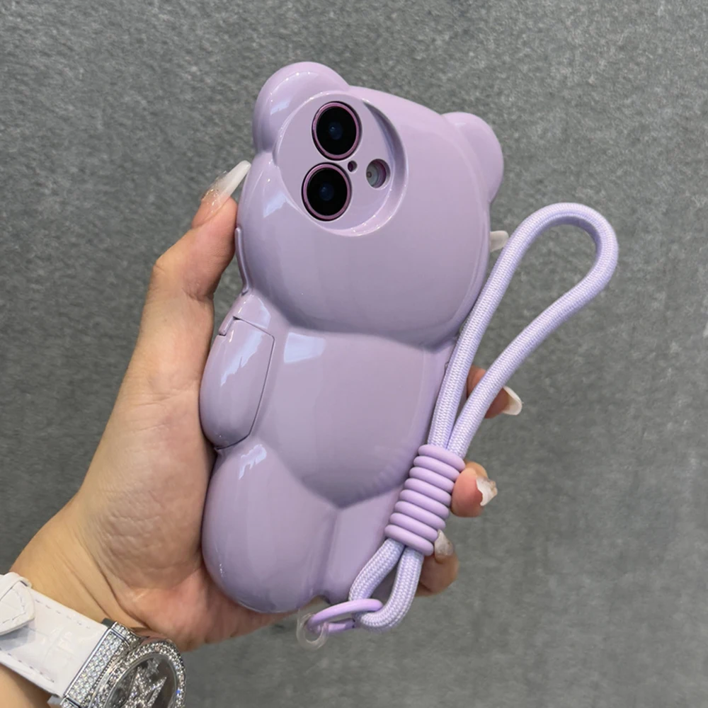 Cute Glossy Bear Wristband Lanyard Phone Case For Iphone 16 15 14 13 12 Pro Max 3d Cartoon Full Bumper Protection Back Cover Featured