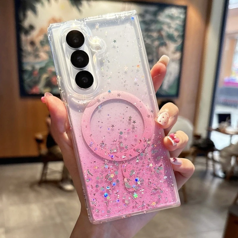 Drip Glue Glitter Gradient Magnetic Phone Case For Samsung Galaxy Z Fold 7 6 5 4 3 Fold7 Fold6 5g For Magsafe Transparent Cover Featured