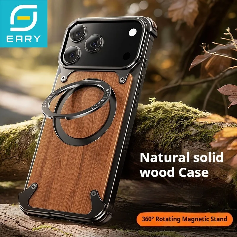 Eary Natural Wood For Iphone 17 Pro Max 17 Air Case Frameless With Magsafe 360rotation Phone Stand Shockproof Protective Cover Featured