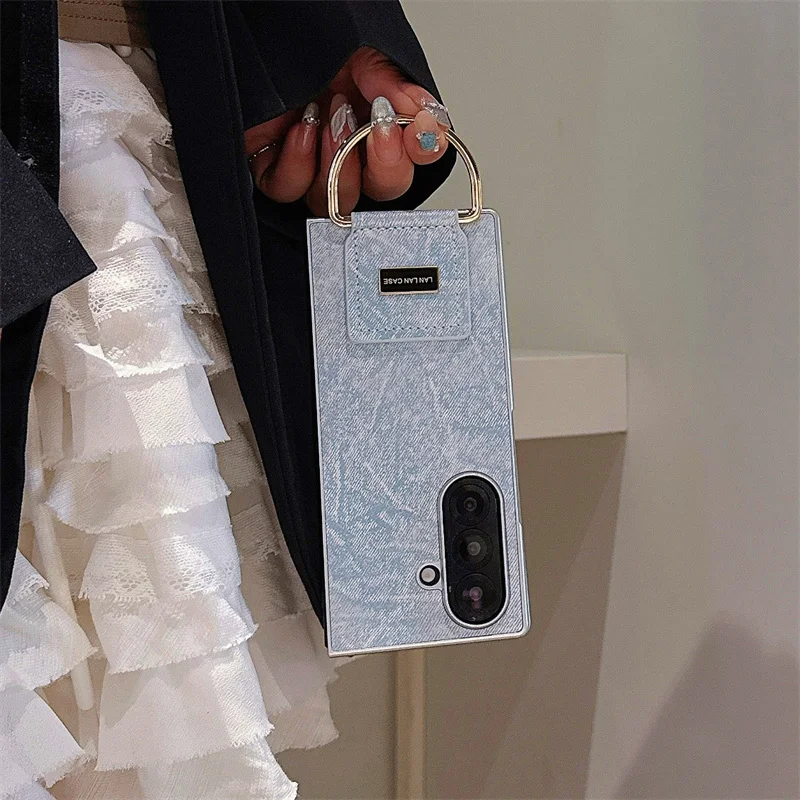 Fashion Denim Leather Phone Case For Samsung Galaxy Z Fold 7 6 5 4 3 Z Fold6 Fold7 Fold5 Cover With Ring Cute Cases Women Funda Gallery 2 Fashion Denim Leather Phone Case For Samsung Galaxy Z Fold 7 6 5 4 3 Z Fold6 Fold7 Fold5 Cover With Ring Cute Cases Women Funda Gallery 2