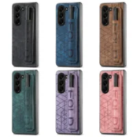Fashion Hard Pc Phone Case Wrist Strap Pu Leather Cover For Samsung Galaxy Z Fold 6 5 4 3 With S Pen Holder Finger Grip No Pen Featured
