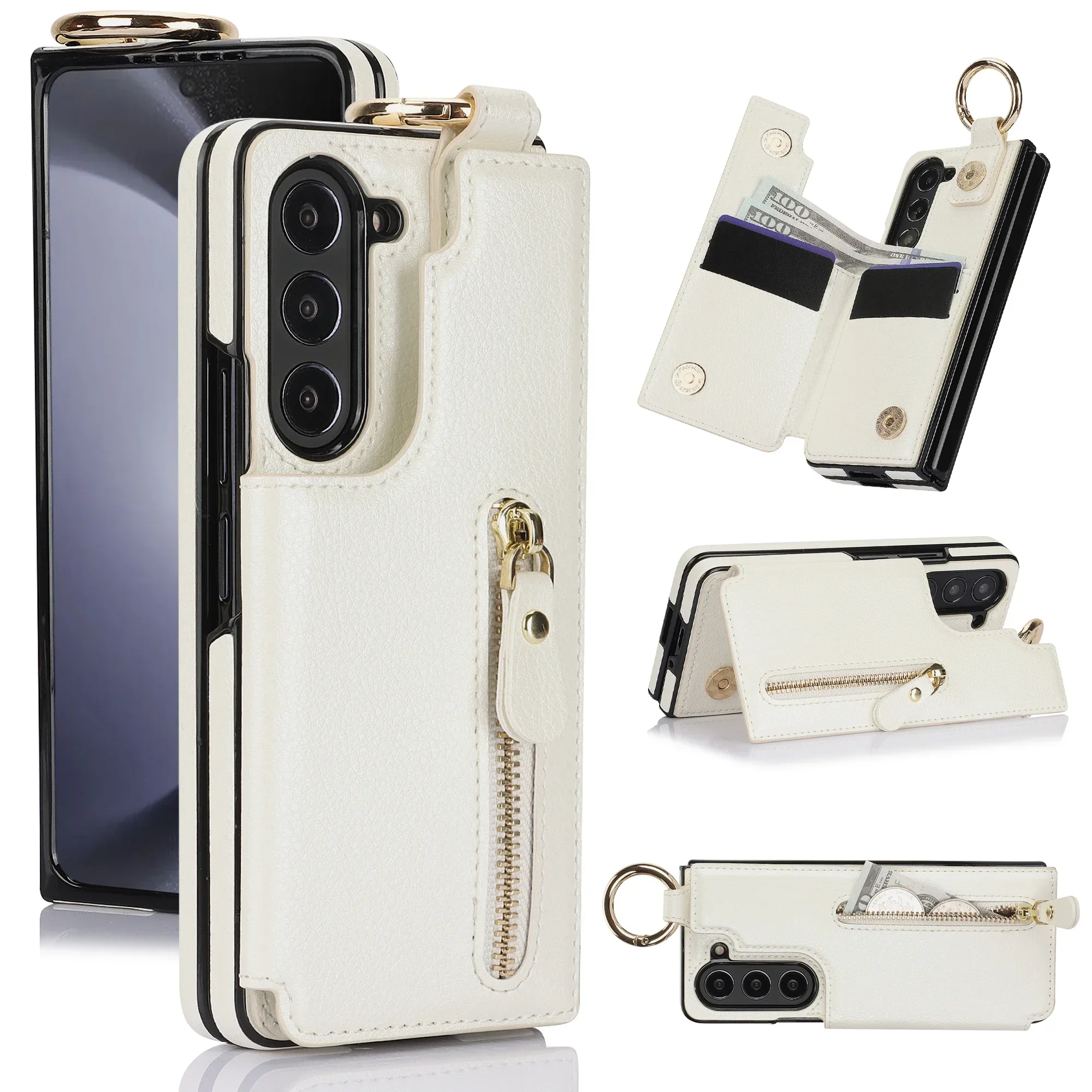 Folding Card Bag Finger Ring Leather Stand Case For Samsung Galaxy Z Fold 3 4 5 6 7 5g Zfold6 Zipper Wallet Business Fold7 Cover Featured